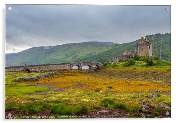Looking out to Eilean Donan Castle on an overcast day in the Scottish highlands. Acrylic by SnapT Photography