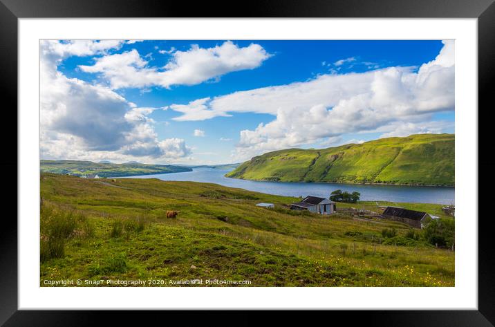 A view across Loch Harport on the Isle of Skye, with a Highland cow grazing Framed Mounted Print by SnapT Photography