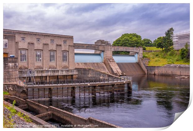 Pitlochry Dam, hydro electric power station and salmon ladder at twilight Print by SnapT Photography