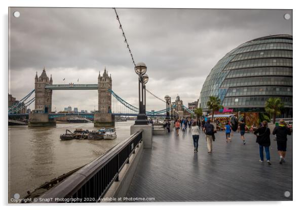 City Hall and Tower Bridge by the Thames, on a cloudy summer afternoon in London Acrylic by SnapT Photography