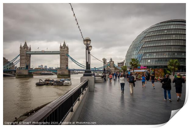 City Hall and Tower Bridge by the Thames, on a cloudy summer afternoon in London Print by SnapT Photography