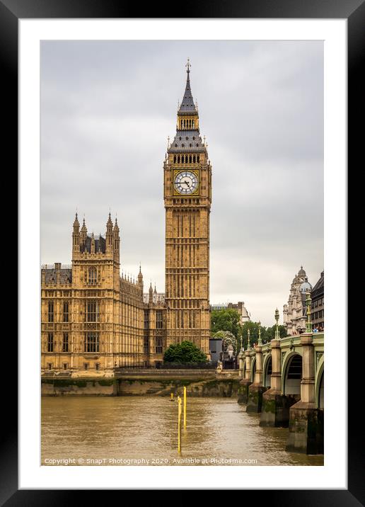 Big Ben by Westminster Bridge and the River Thames on a cloudy day in London Framed Mounted Print by SnapT Photography