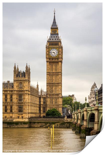 Big Ben by Westminster Bridge and the River Thames on a cloudy day in London Print by SnapT Photography