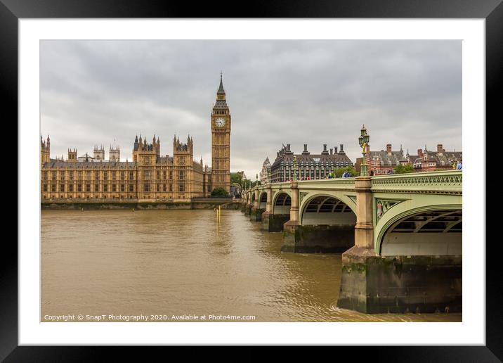 Big Ben by Westminster Bridge and the River Thames on a cloudy day in London Framed Mounted Print by SnapT Photography