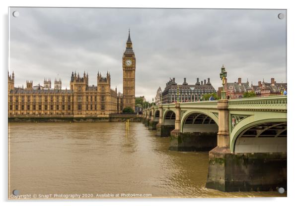 Big Ben by Westminster Bridge and the River Thames on a cloudy day in London Acrylic by SnapT Photography