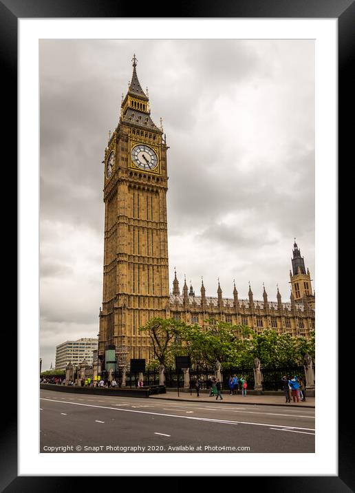 Big Ben tower clock in central London on a cloudy summers day in London Framed Mounted Print by SnapT Photography