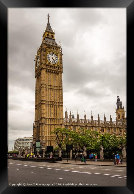 Big Ben tower clock in central London on a cloudy summers day in London Framed Print by SnapT Photography