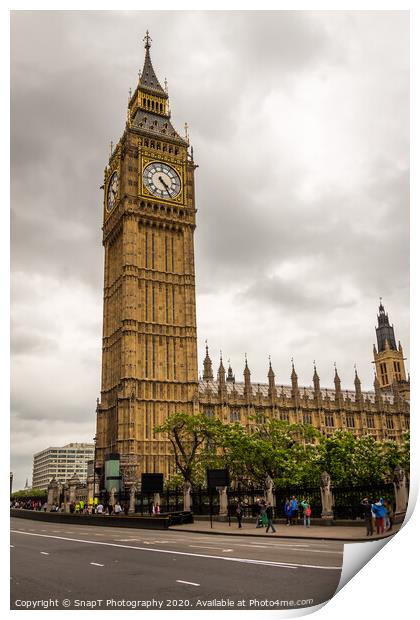 Big Ben tower clock in central London on a cloudy summers day in London Print by SnapT Photography