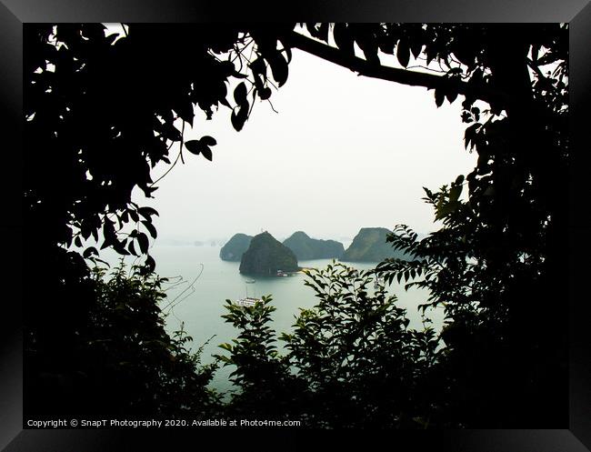 Silhouette of vegetation, with a view of Ha Long Bay. Framed Print by SnapT Photography