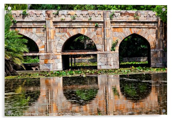 Athpula Stone Bridge Reflection  Lodi Gardens New Delhi India Acrylic by William Perry