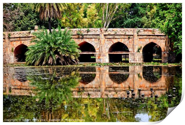 Athpula Stone Bridge Reflection  Lodi Gardens New Delhi India Print by William Perry