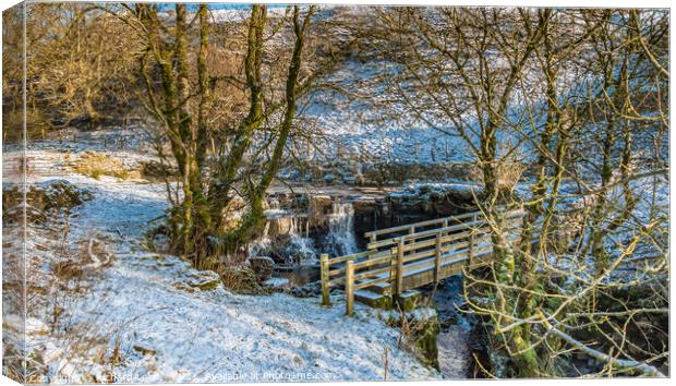 Ettersgill Beck Waterfall and Footbridge in Snow Canvas Print by Richard Laidler