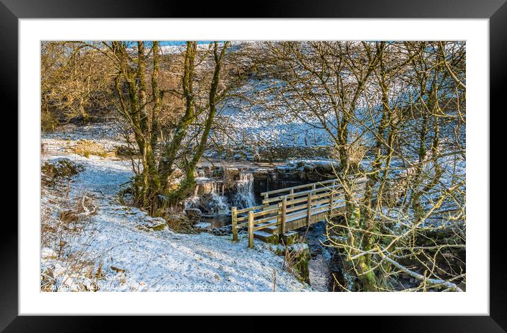 Ettersgill Beck Waterfall and Footbridge in Snow Framed Mounted Print by Richard Laidler