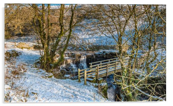 Ettersgill Beck Waterfall and Footbridge in Snow Acrylic by Richard Laidler
