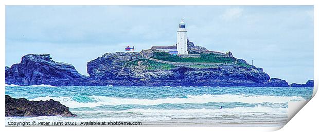 Helicopter Over Godrevy Lighthouse  Print by Peter F Hunt