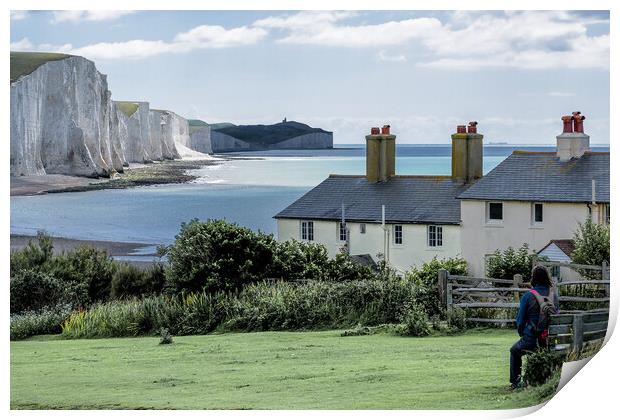 The Coastguard Cottages and the Seven Sisters Print by Mark Jones