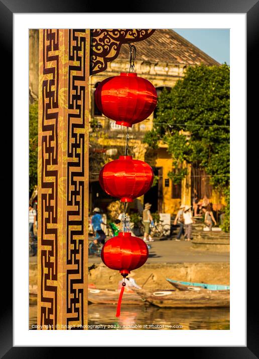 Three red vietnamese or chinese lanterns hanging in Hoi An, Vietnam Framed Mounted Print by SnapT Photography