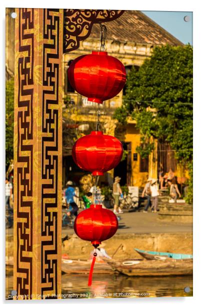 Three red vietnamese or chinese lanterns hanging in Hoi An, Vietnam Acrylic by SnapT Photography