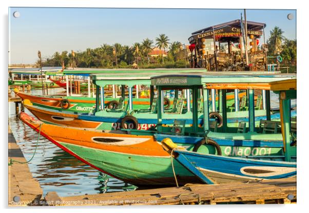 Colorful Vietnamese traditional boats, moored on the harbour wall, Hoi An, Vietnam - January 10th, 2015 Acrylic by SnapT Photography