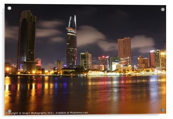 Long exposure and reflection of the Ho Chi Minh City skyline at night Acrylic by SnapT Photography