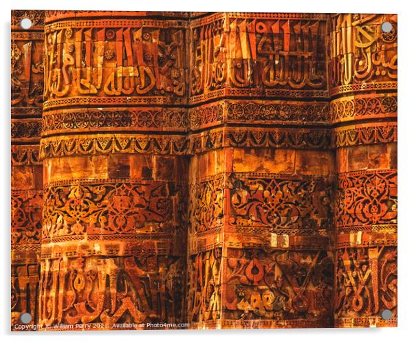 Qutab Minar Close Up Islamic Inscriptions New Delhi India Acrylic by William Perry
