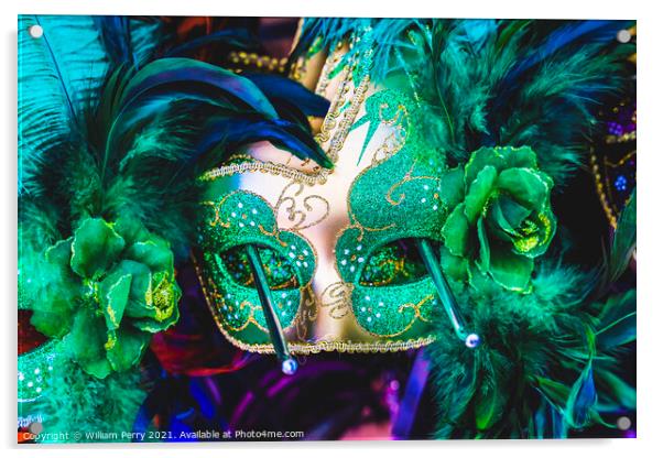 Colorful Green Mask Feathers Mardi Gras New Orleans Louisiana Acrylic by William Perry
