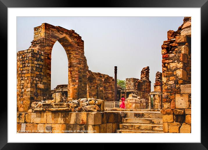 Indian Girl Running in Qutab Minar Ruins New Delhi India Framed Mounted Print by William Perry