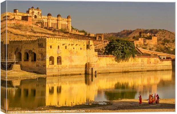 Amber Fort Jaipur India With Indian Women in Saris Canvas Print by William Perry