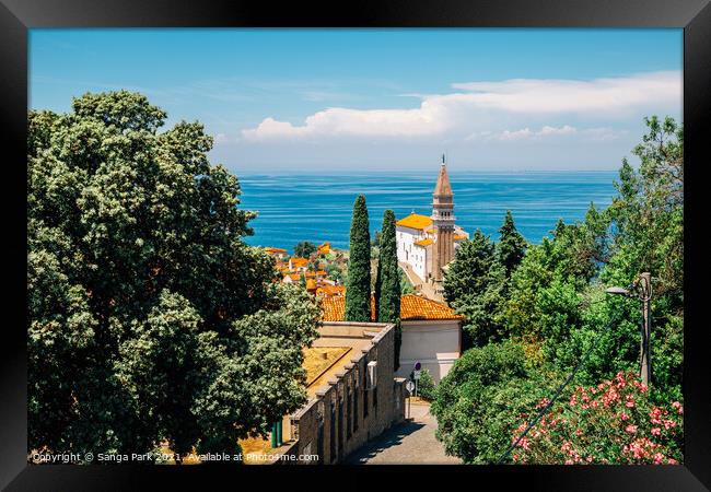 Piran old town and Adriatic sea Framed Print by Sanga Park