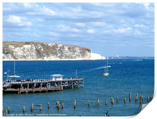 Old  & New piers at Swanage in Dorset. Print by john hill