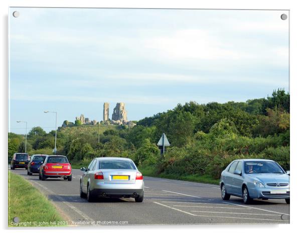 Corfe Castle as seen from the road. Acrylic by john hill