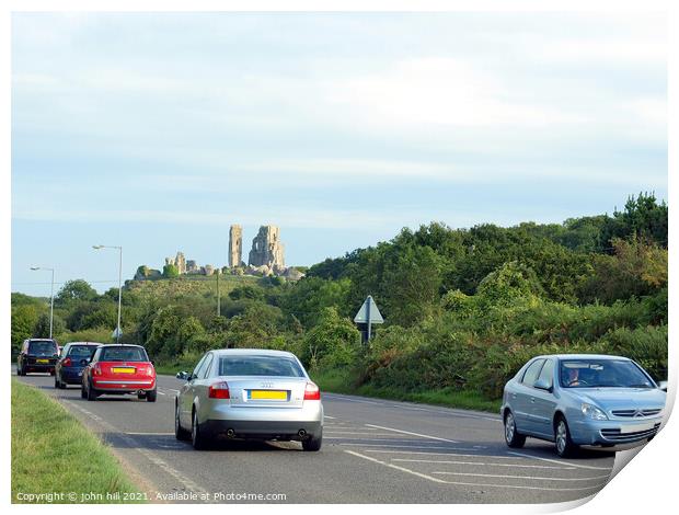 Corfe Castle as seen from the road. Print by john hill