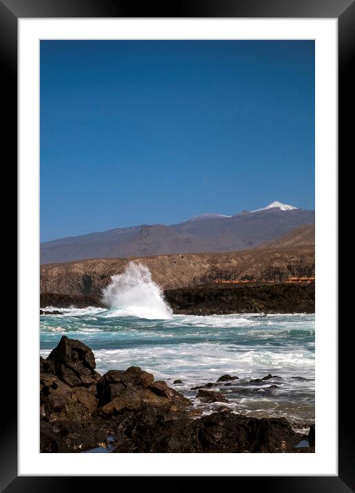 Rough seas at Palm Mar, and snowcapped Teide, Tenerife Framed Mounted Print by Phil Crean
