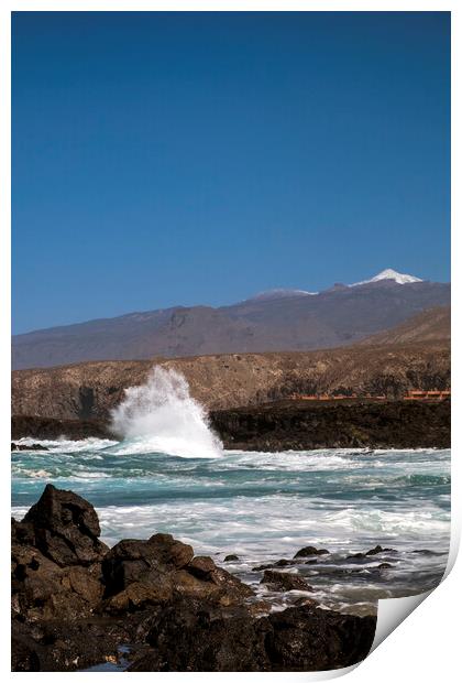 Rough seas at Palm Mar, and snowcapped Teide, Tenerife Print by Phil Crean