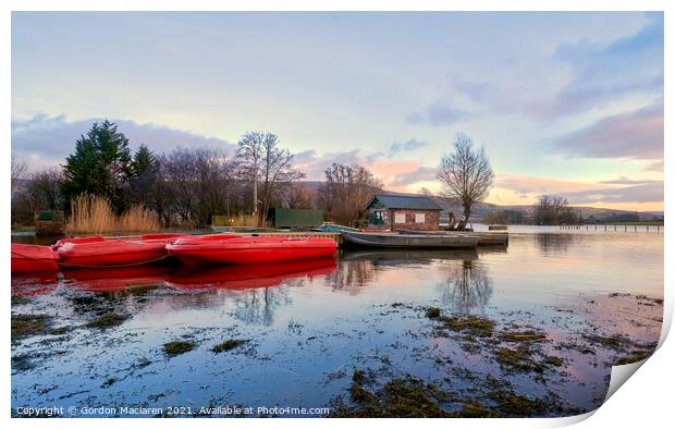 Boats on Llangorse Lake at Sunset Print by Gordon Maclaren