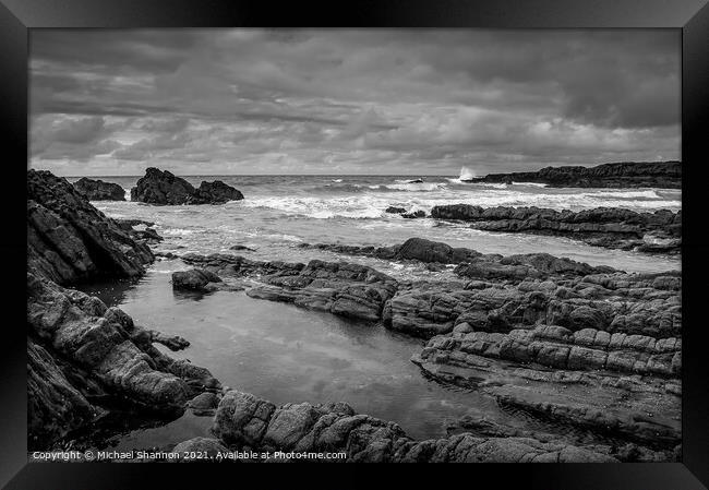 Rock Formations on Bude beach. Framed Print by Michael Shannon