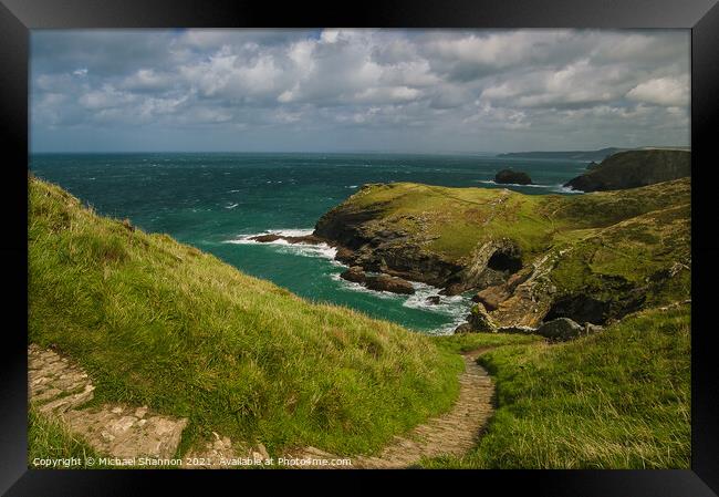 Cliff path leading to beach at Tintagel, Cornwall Framed Print by Michael Shannon