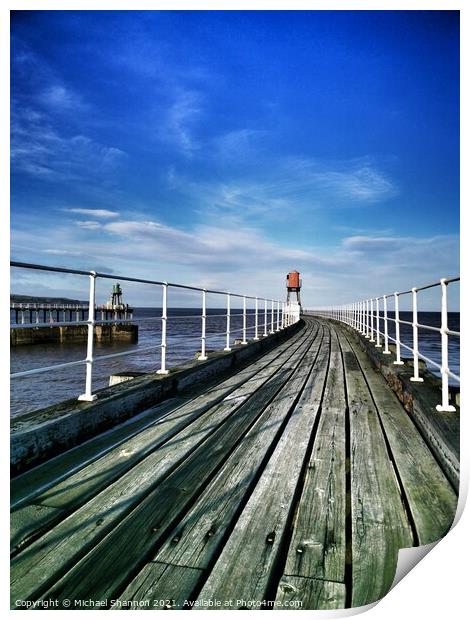 View along the East Pier at Whitby, North Yorkshir Print by Michael Shannon
