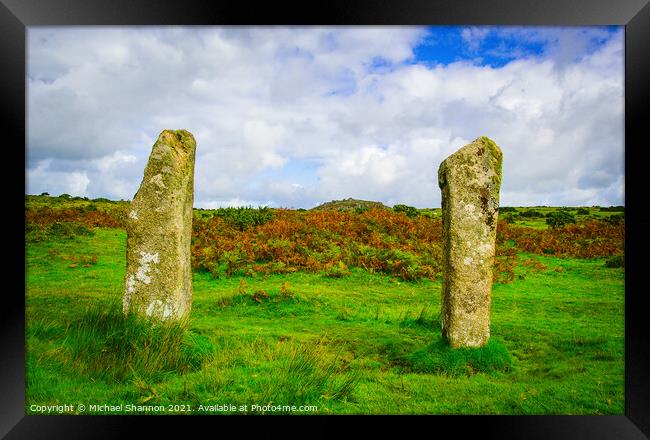 The Pipers, part of the stone circles on Bodmin Mo Framed Print by Michael Shannon