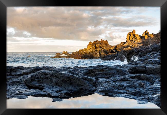 Dawn light hitting rocks on the coast, Tenerife Framed Print by Phil Crean