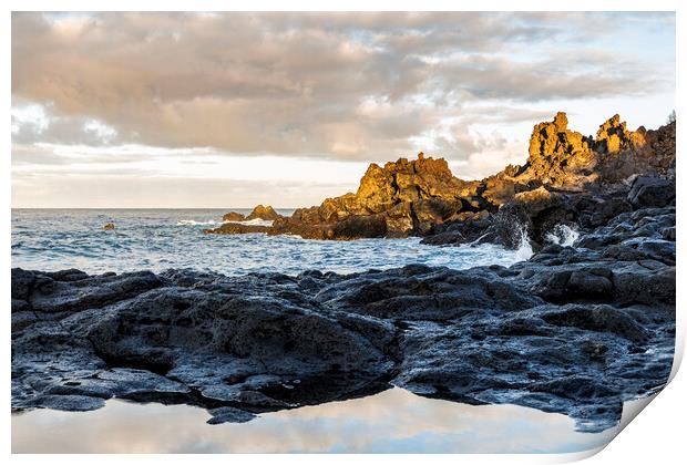 Dawn light hitting rocks on the coast, Tenerife Print by Phil Crean