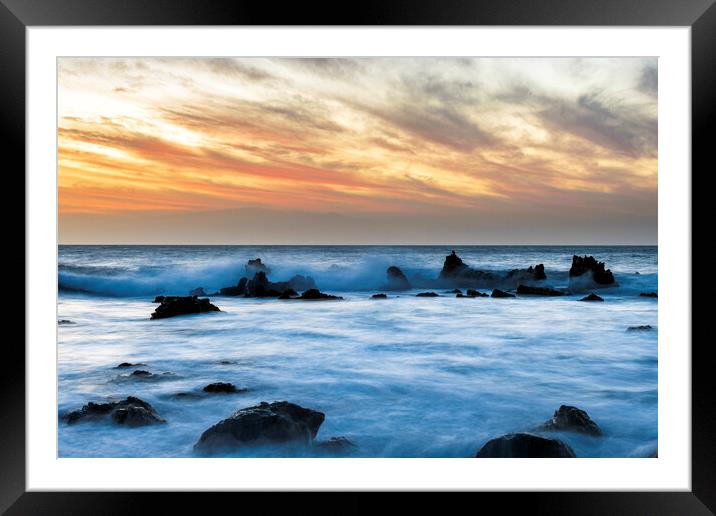 Outdoor Orange sky and blue sea just after sunset, Tenerife Framed Mounted Print by Phil Crean
