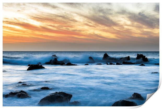Outdoor Orange sky and blue sea just after sunset, Tenerife Print by Phil Crean