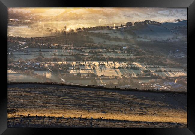 Winter sunrise from Cracken Edge. Peak District Framed Print by John Finney