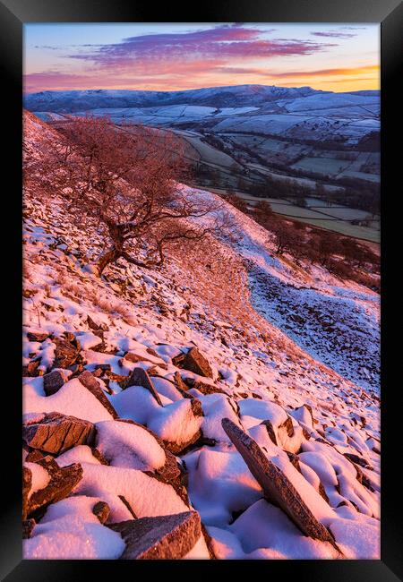 Winter sunrise from Cracken Edge. Peak District Framed Print by John Finney