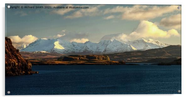 Snow covered Cuillin beyond loch Bracadale. Acrylic by Richard Smith