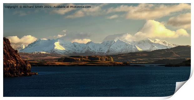 Snow covered Cuillin beyond loch Bracadale. Print by Richard Smith