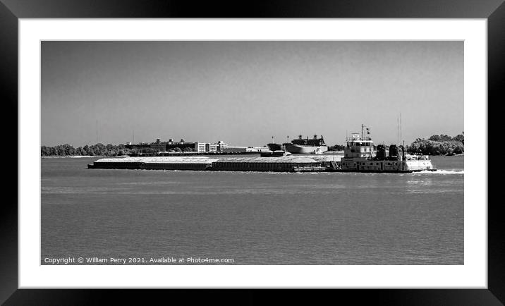 Black White River Barge Mississippi River New Orleans Louisiana Framed Mounted Print by William Perry