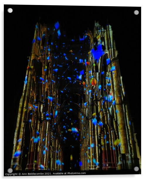 Disguised in colorful lights is Amiens Cathedral Acrylic by Ann Biddlecombe