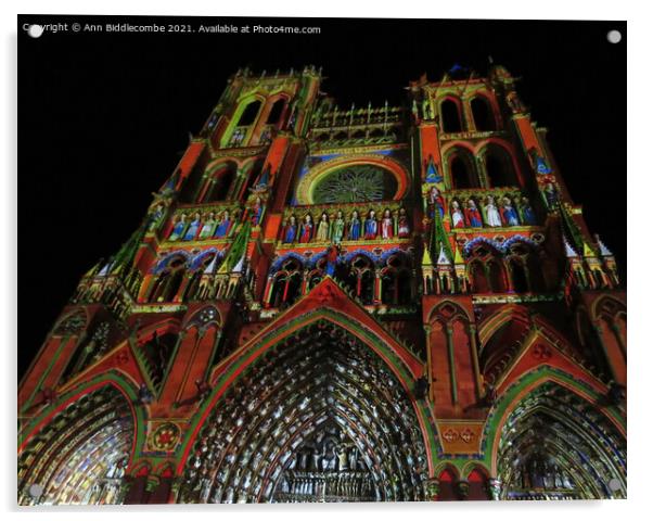 Disguised in colorful lights is Amiens Cathedral Acrylic by Ann Biddlecombe